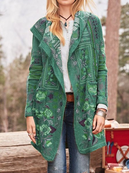 Damen kunstvoll bestickte Strickjacke mit Kapuze und Taschen EB