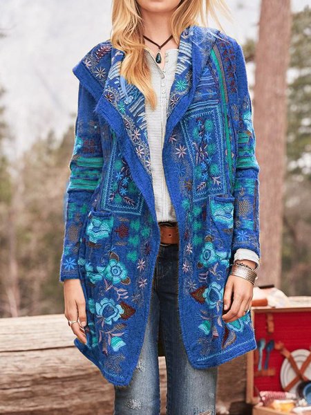 Damen kunstvoll bestickte Strickjacke mit Kapuze und Taschen EB