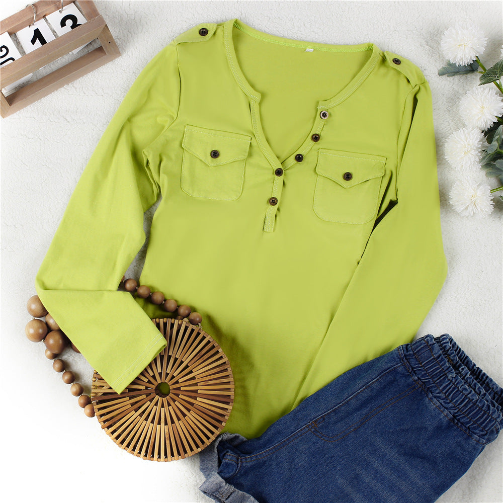 Damen Langarmshirt mit Knopfleiste und aufgesetzten Taschen EB