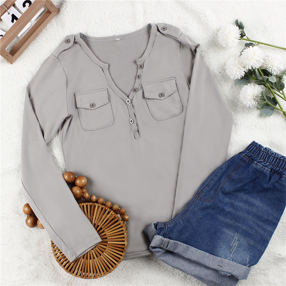 Damen Langarmshirt mit Knopfleiste und aufgesetzten Taschen EB