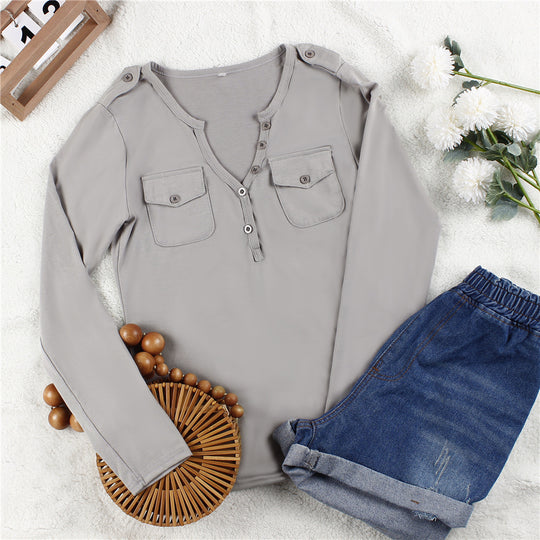 Damen Langarmshirt mit Knopfleiste und aufgesetzten Taschen EB