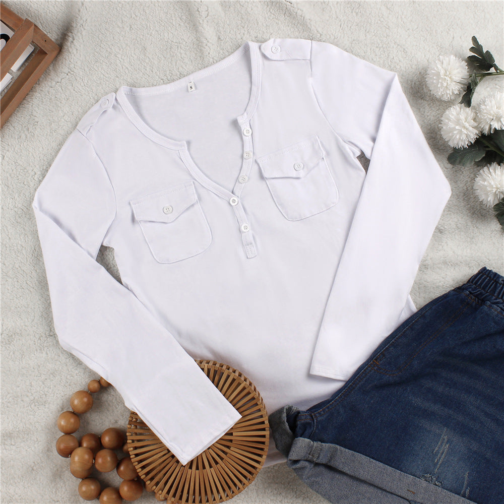 Damen Langarmshirt mit Knopfleiste und aufgesetzten Taschen EB