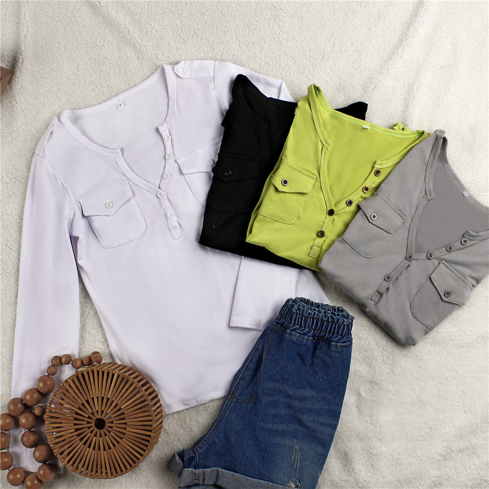 Damen Langarmshirt mit Knopfleiste und aufgesetzten Taschen EB