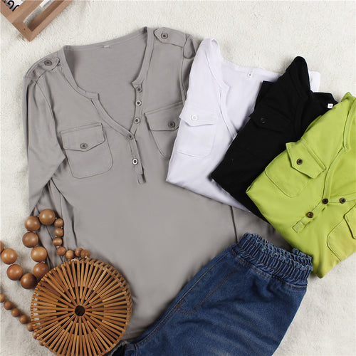 Damen Langarmshirt mit Knopfleiste und aufgesetzten Taschen EB