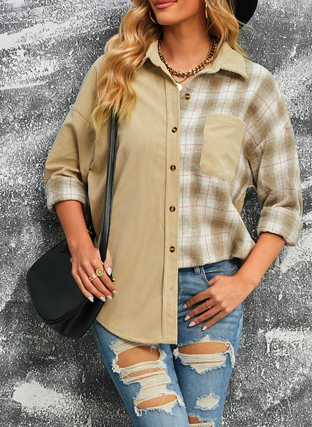 EB | Karierte Farbblock Gefallen Schulter Corduroy Shacket