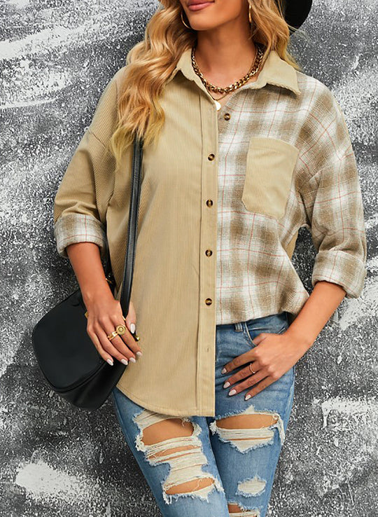 EB | Karierte Farbblock Gefallen Schulter Corduroy Shacket
