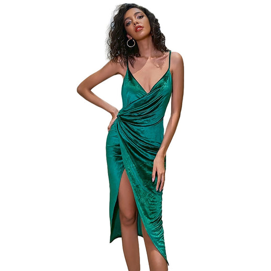 Damen Elegantes Wickelkleid mit hohem Beinschlitz und Spaghettiträgern EB