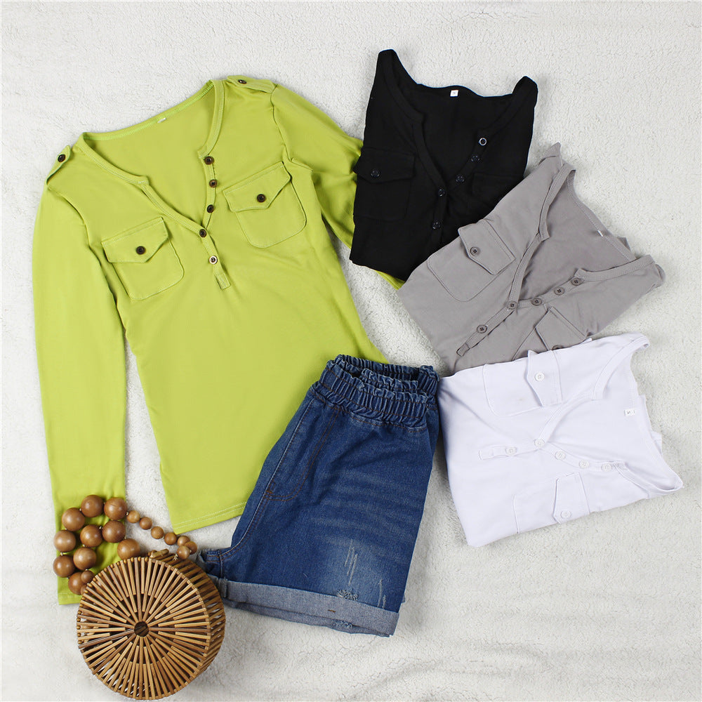 Damen Langarmshirt mit Knopfleiste und aufgesetzten Taschen EB