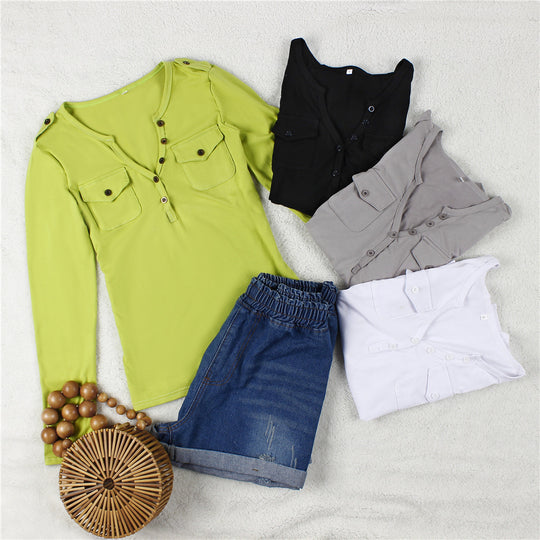 Damen Langarmshirt mit Knopfleiste und aufgesetzten Taschen EB