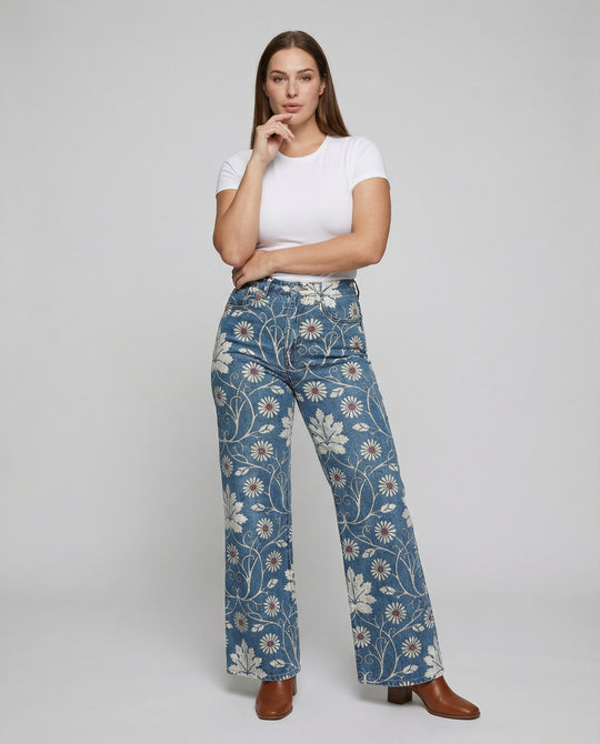 EB | Damen Denim Gedruckte Flare Hose Fantasy