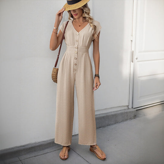 EB | V-Ausschnitt einfarbiger elastischer Overall mit hoher Taille und weitem Bein