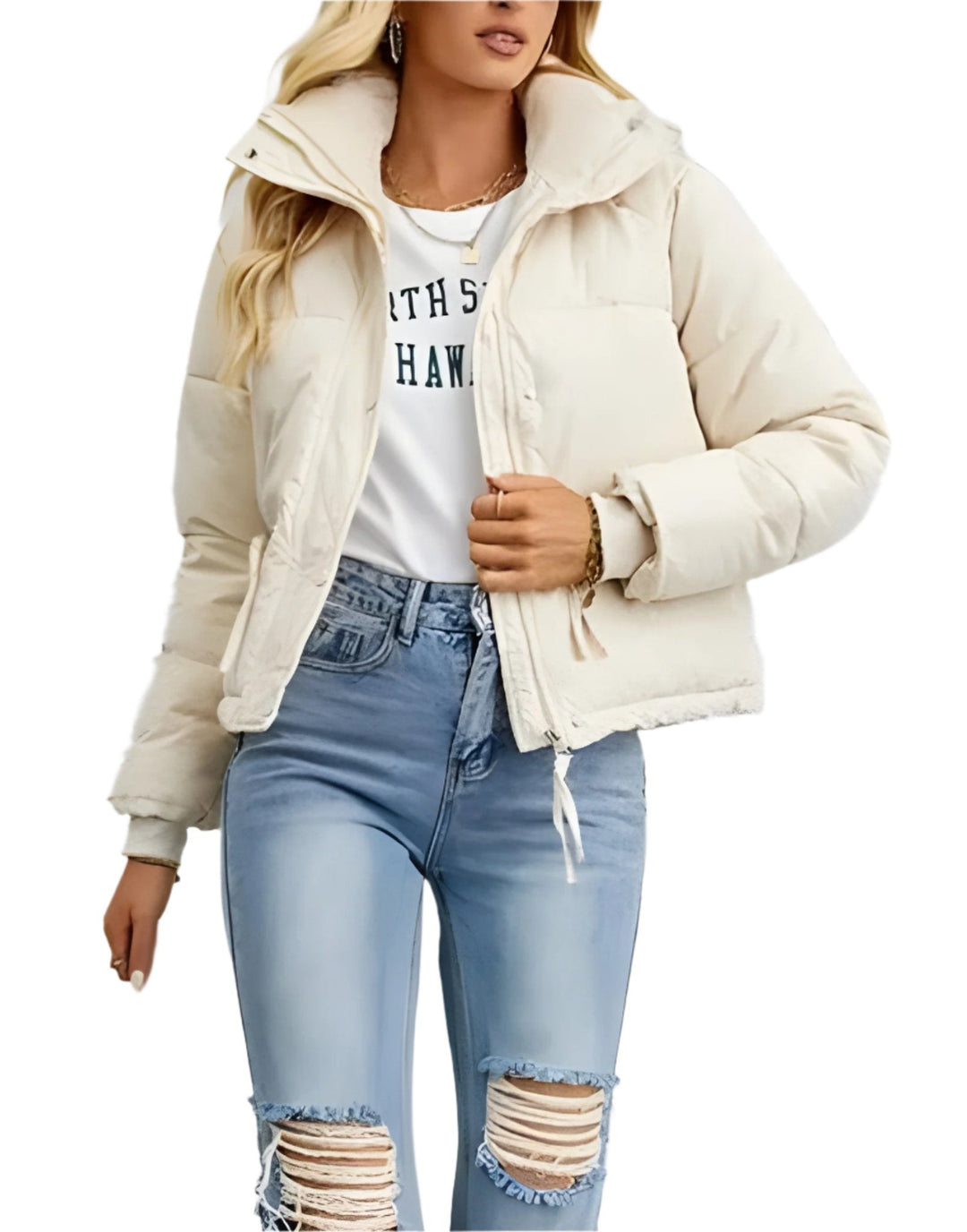 EB | Warme Damen Pufferjacke mit Reißverschluss und Hohem Kragen