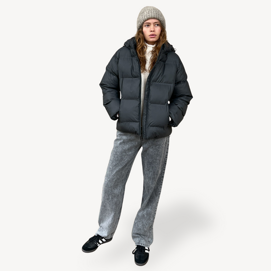EB | Damen Schwarze Kapuzen-Puffermantel Winter Polyester Jacke