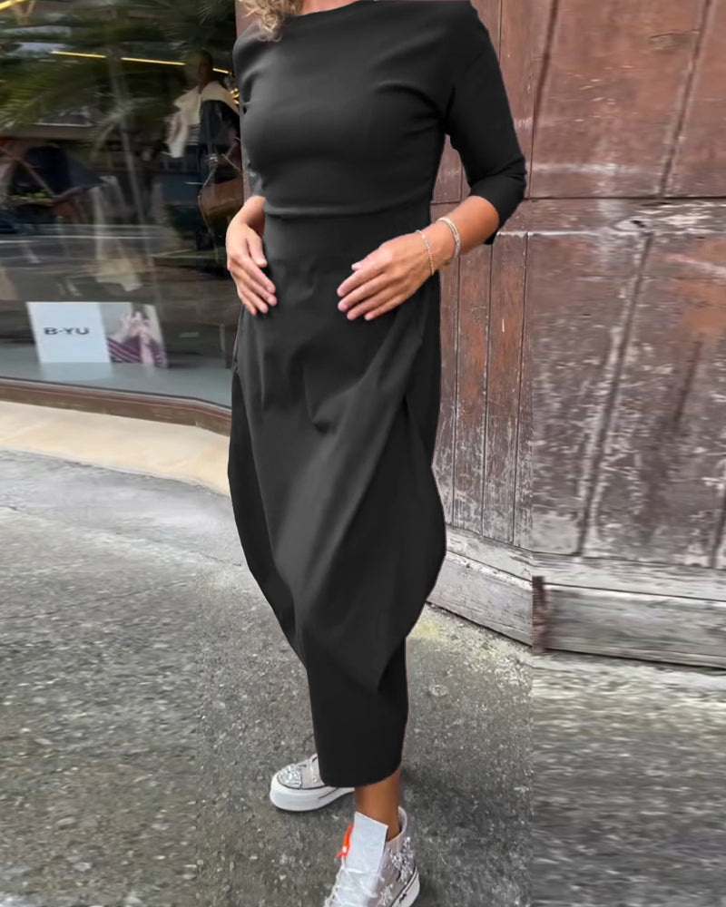 EB | Schlichtes Einfarbiges Elegantes Kleid mit Langen Ärmeln und Tasche