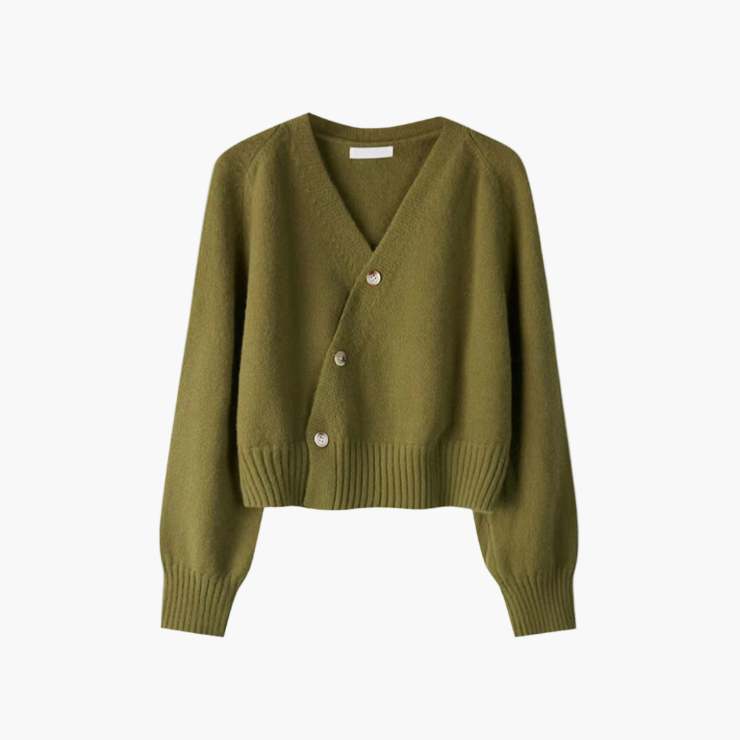 EB | Strickjacke mit V-Ausschnitt und Schräger Knopfleiste - Moderner Cardigan für Alltag und Büro