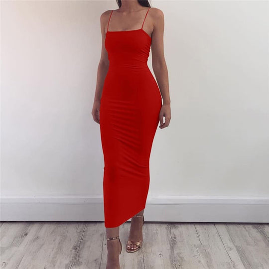 EB | Bodycon Kleid Midi Länge Spaghettiträger Elegant und Figurbetont