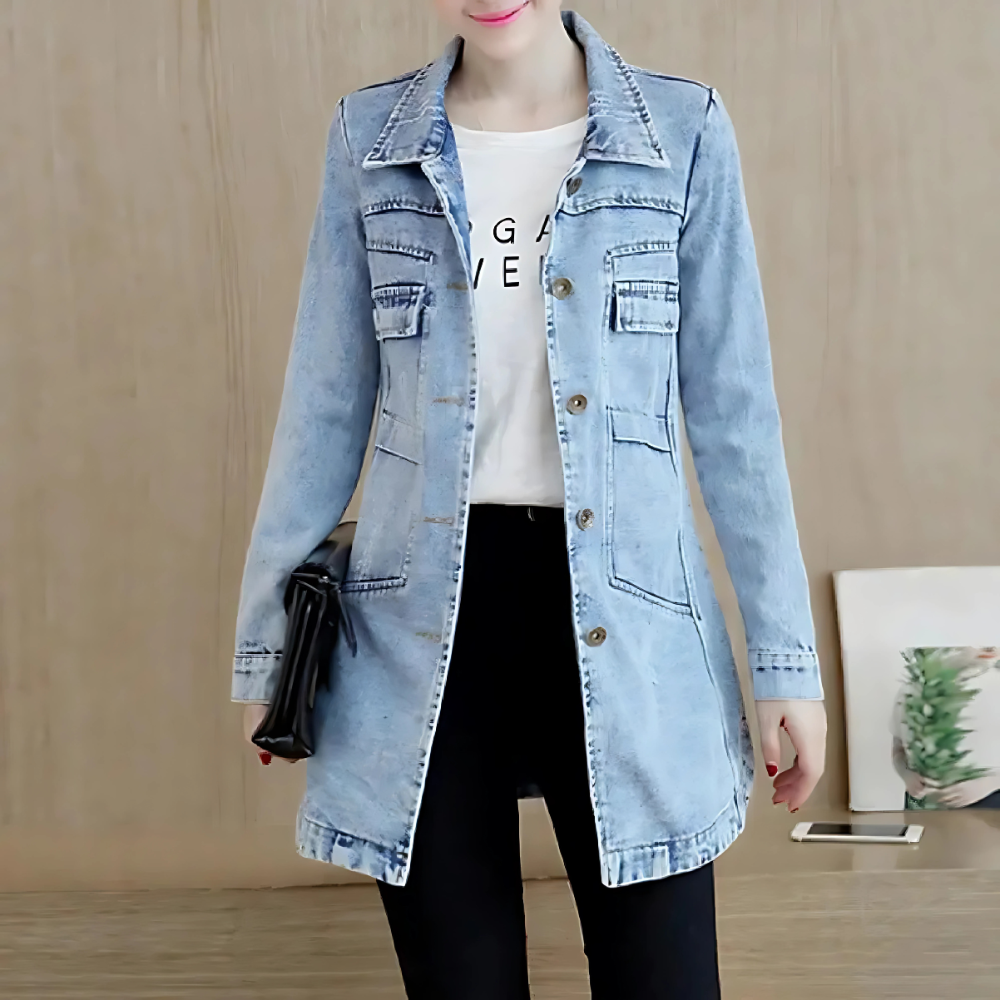 EB | Lange Jeansjacke für Frauen mit Stickdetails