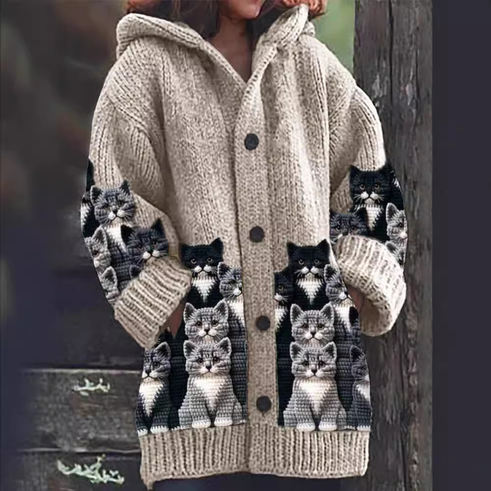 EB | Gemütlicher Gestrickter Katze Druck Cardigan