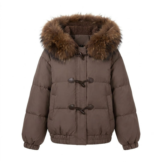 Damen nan kurzer Thermo-Bomber mit abnehmbarem Webpelzkragen und Teddy-Kapuzenfutter EB