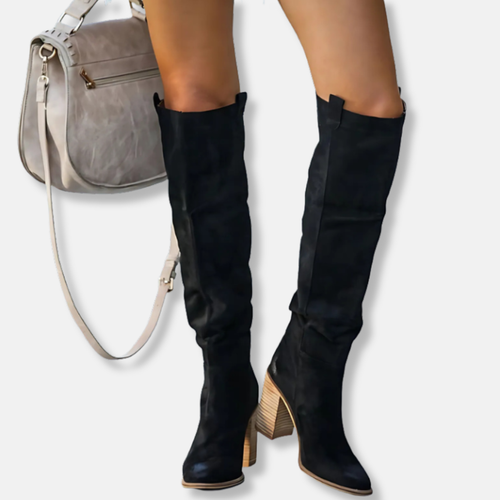 EB | Knöchelhohe Stiefel - Wildlederähnliches Textil - Chunky Blockabsatz - Spitz Zulaufende Zehen