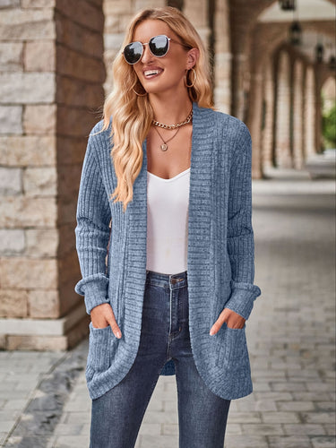 EB | Damen Gerippter Offener Vorderseite Strickjacke Lange Ärmeln Lässig Strickpullover mit Taschen