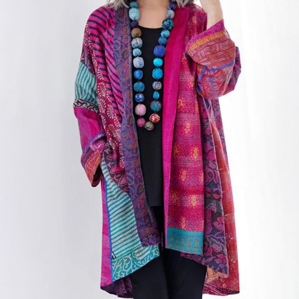 EB | Kimono-Jacke - Bohemian-Patchwork-Design - Leicht und Luftig - Langärmlig Offene Vorderseite