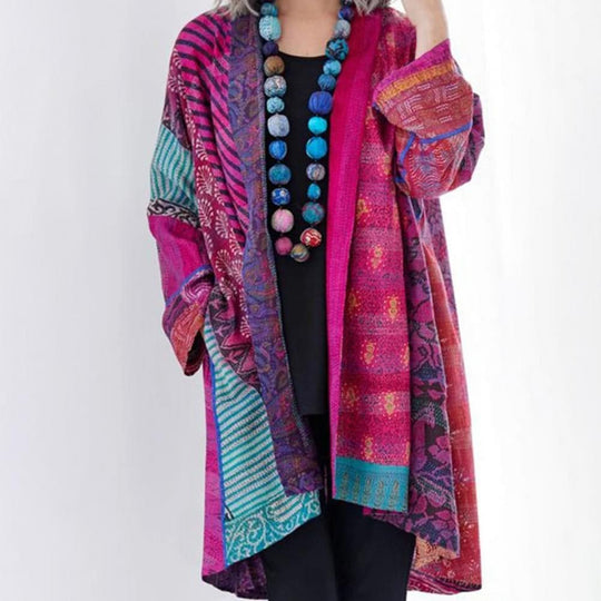 EB | Kimono-Jacke - Bohemian-Patchwork-Design - Leicht und Luftig - Langärmlig Offene Vorderseite