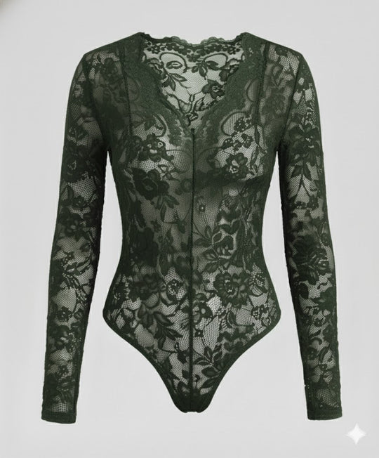 Damen Spitzenbody Langarm V-Ausschnitt | EB