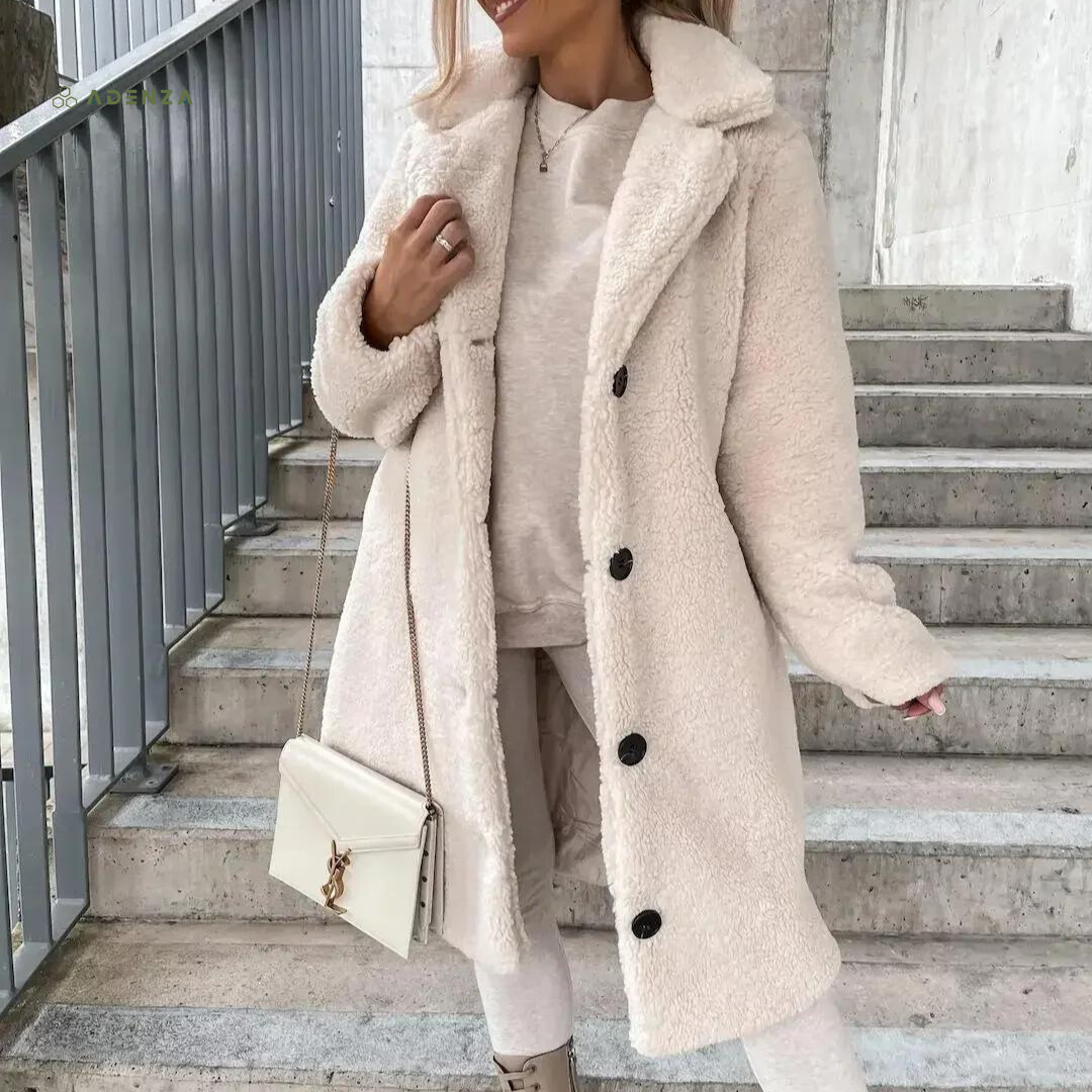EB | Teddy-Mantel Langer Oversized-Schnitt Weich und Warm Druckknopfverschluss und Breiter Kragen