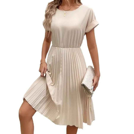 EB | Einfarbig Plissierter Kurzarmkleid