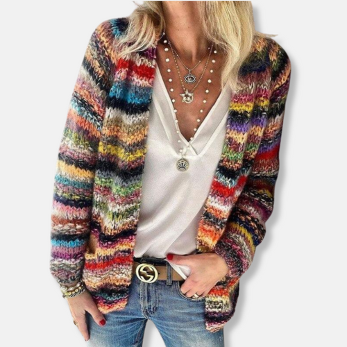 EB | Wolle Offene Front Strickjacke Gestreift Lässig Passform Strickjacke