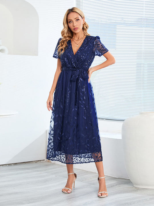 EB | Kurzärmliges Kreuz V-Ausschnitt Gürtel Midi Kleid