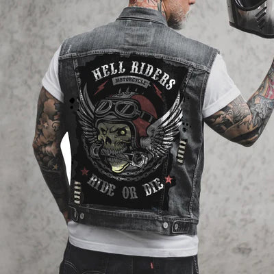 EB Herren Motorrad-Denimweste mit Motorrad- und Skelettdruck