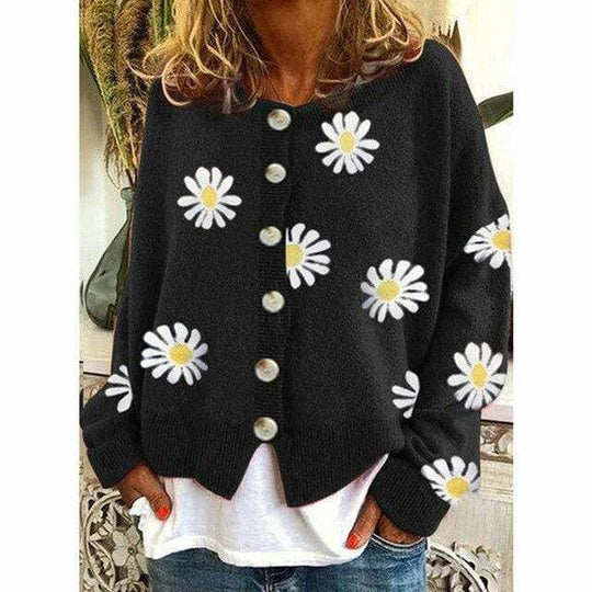 EB | Strickjacke - Damen Herbst Blumen Knopf-Überzieh Strickjacke
