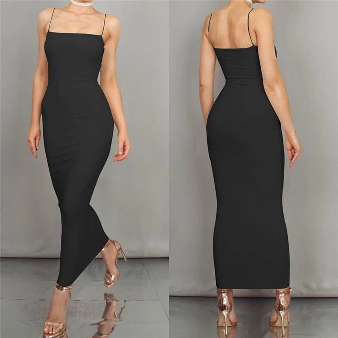 EB | Bodycon Kleid Midi Länge Spaghettiträger Elegant und Figurbetont