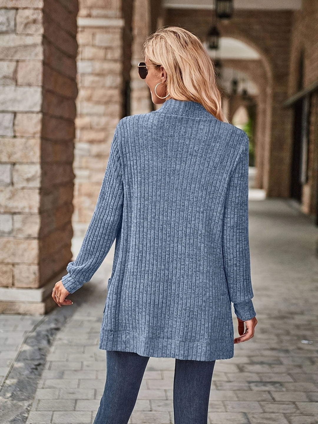 EB | Damen Gerippter Offener Vorderseite Strickjacke Lange Ärmeln Lässig Strickpullover mit Taschen