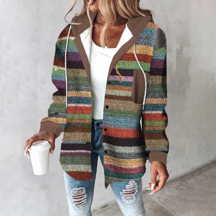 EB | Strickjacke mit Kapuze Gestrickt Lässige Passform Knöpfe Gestreiftes Muster