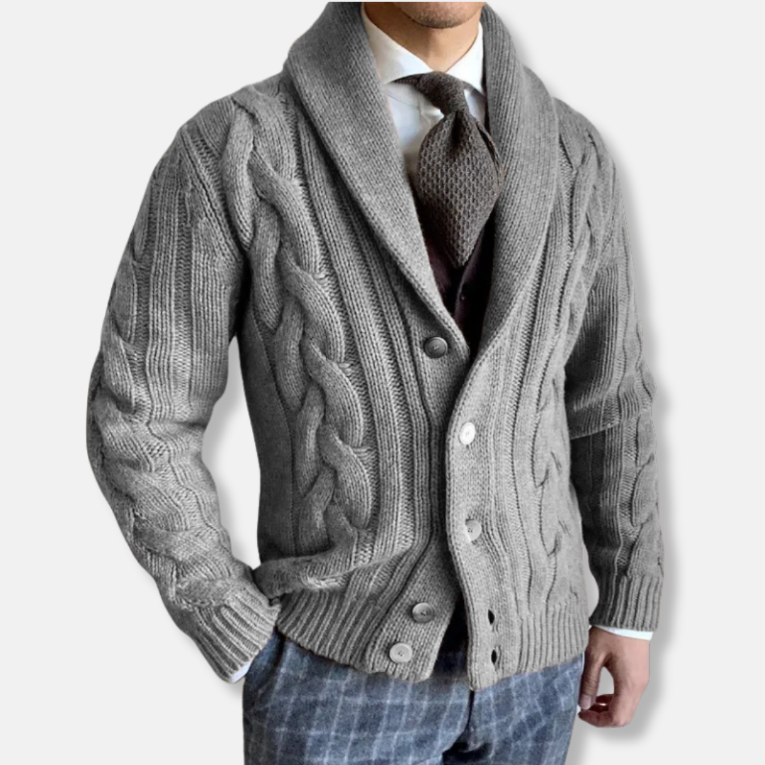 EB | Strickjacke Wollmischung Reguläre Passform Kabelstrick Schalkragen Knopfverschluss