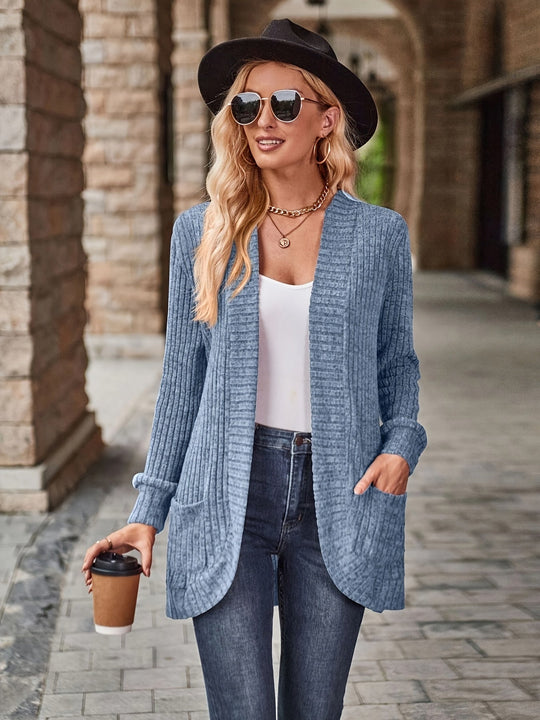 EB | Damen Gerippter Offener Vorderseite Strickjacke Lange Ärmeln Lässig Strickpullover mit Taschen