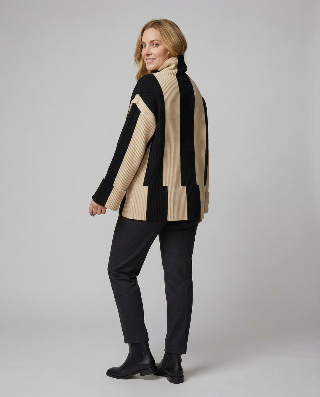 EB | Pullover - Damen Herbst Hochkragen Zweifarbiger Strickpullover