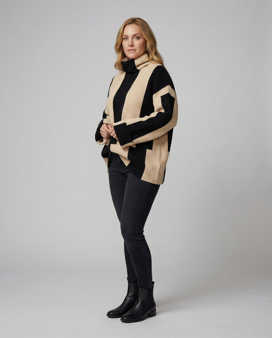 EB | Pullover - Damen Herbst Hochkragen Zweifarbiger Strickpullover