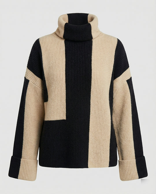 EB | Pullover - Damen Herbst Hochkragen Zweifarbiger Strickpullover