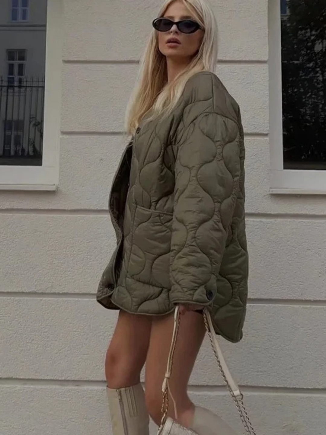 EB | Trendy Olivgrüner Übergroßer Gestepptes Jacke für einen Stilvollen Look Ideal für Herbst/Winter