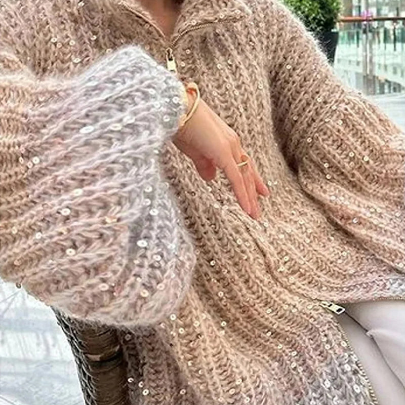 EB | Strickpullover mit Pailletten Ballonärmel Elegant und Handstrick-look