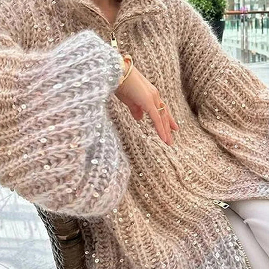 EB | Strickpullover mit Pailletten Ballonärmel Elegant und Handstrick-look