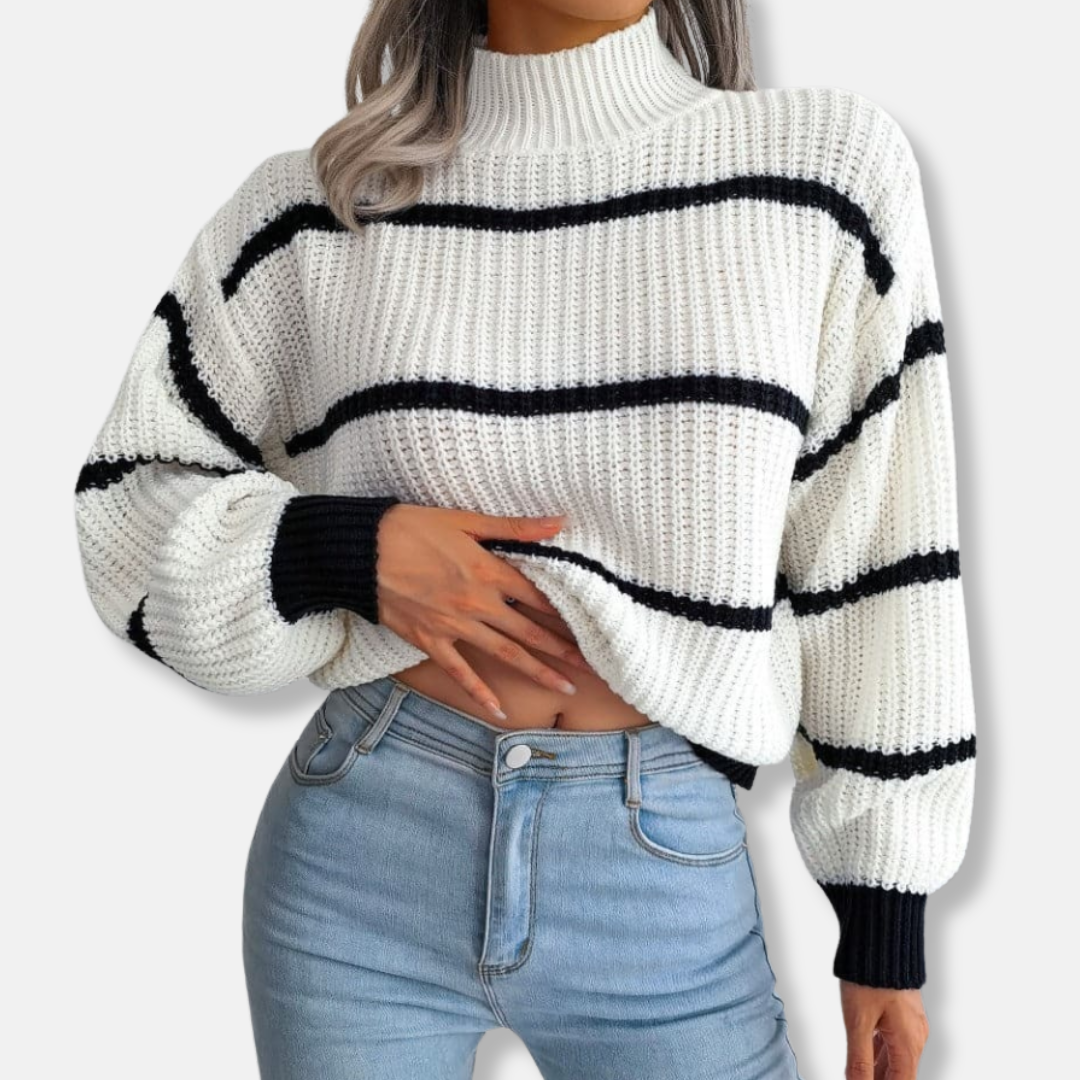 EB | Strickpullover Weicher Gerippter Rollkragen Lockere Passform Klassische Streifen