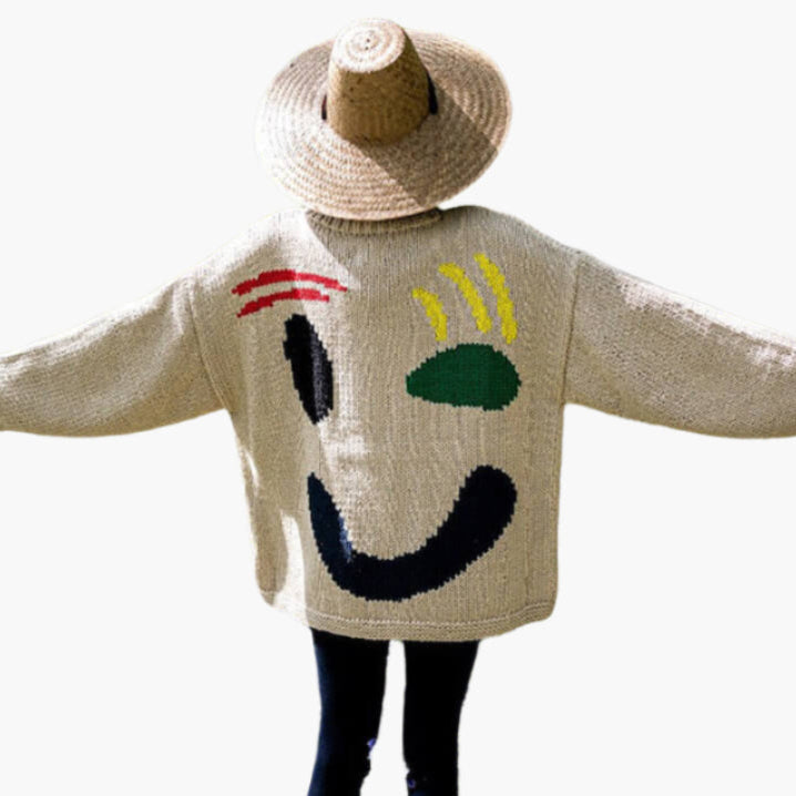 EB | Strickpullover Im Künstlerstil - Gemütlicher Freizeit-Jumper mit Abstraktem Gesichtsmuster
