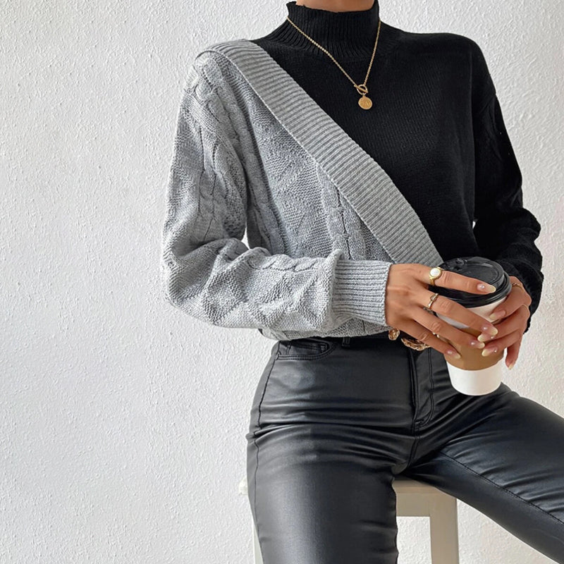 EB | Pullover - Damen Winter Patchwork Rollkragen Strickpullover