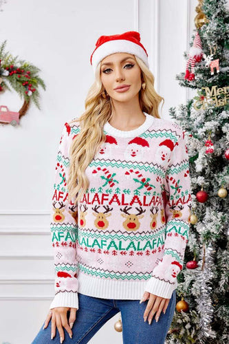 EB | Locker Sitzende Rundhals Weihnachts Cartoon Strickpullover - Pink