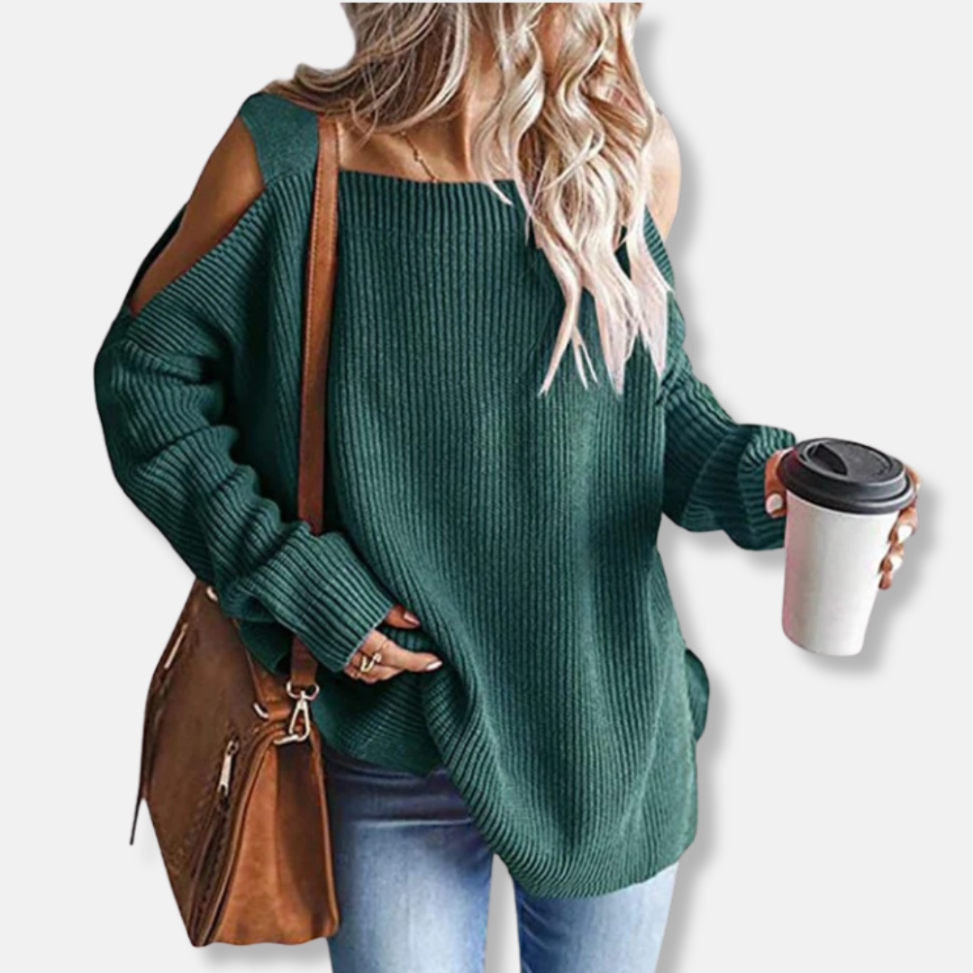 EB | Sweatshirt Offene Schulter Strick Lockere Passform Strukturierter Stoff
